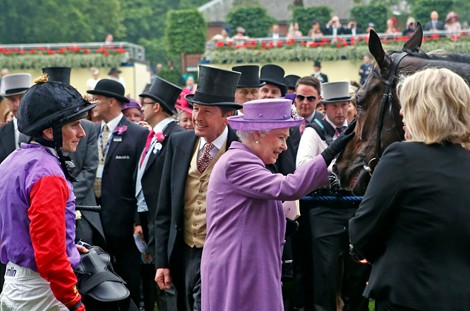The Queen pats Estimate after winning the Ascot Gold Cup on June 20, 2013.
